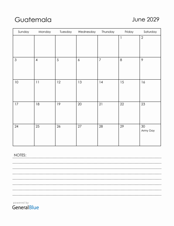 June 2029 Guatemala Calendar with Holidays (Sunday Start)