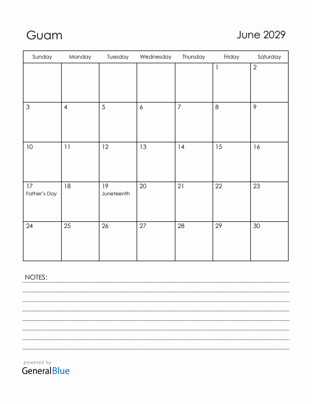 June 2029 Guam Calendar with Holidays (Sunday Start)