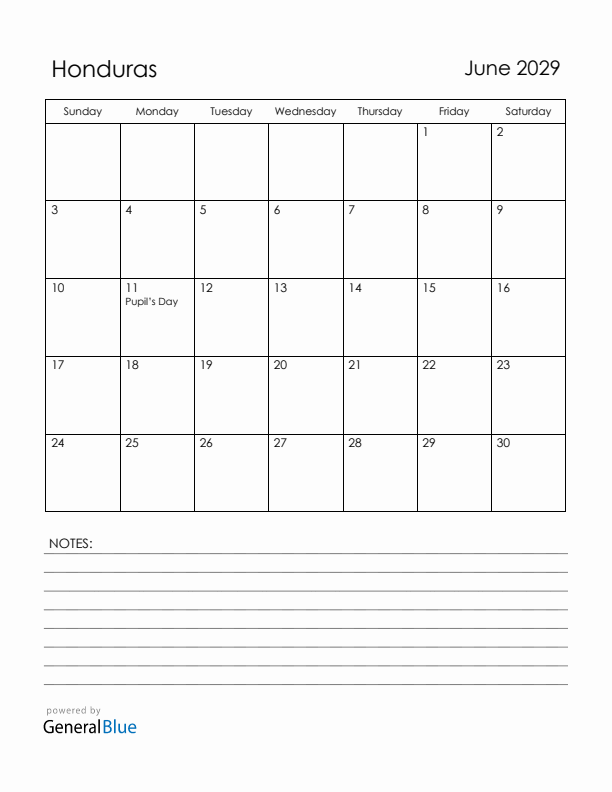 June 2029 Honduras Calendar with Holidays (Sunday Start)