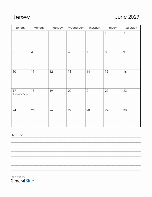 June 2029 Jersey Calendar with Holidays (Sunday Start)