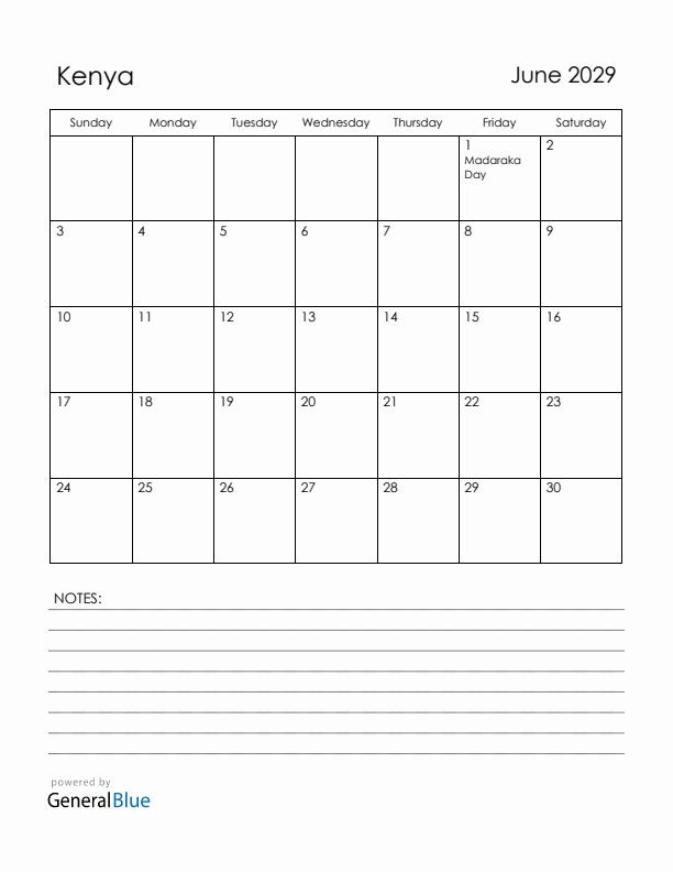 June 2029 Kenya Calendar with Holidays (Sunday Start)
