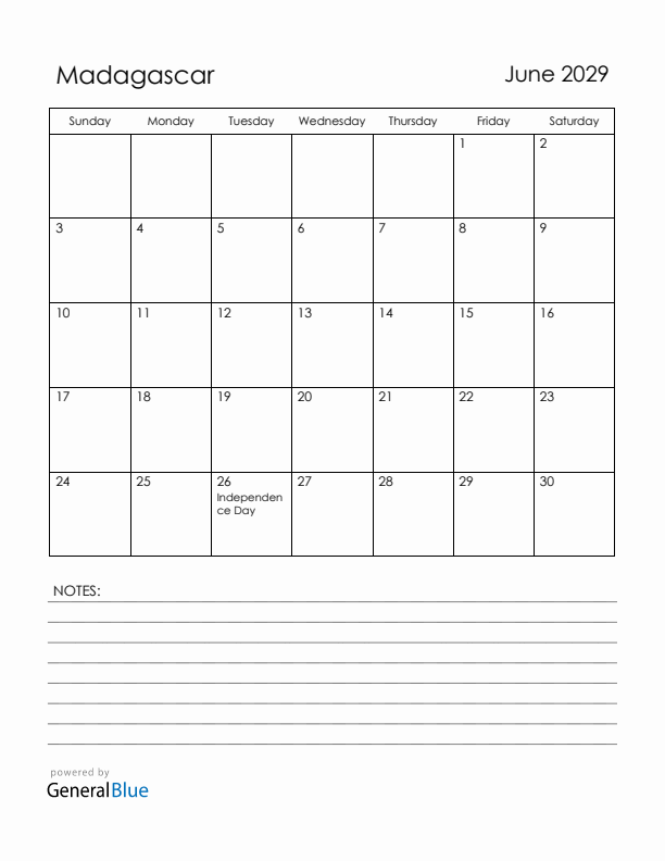 June 2029 Madagascar Calendar with Holidays (Sunday Start)