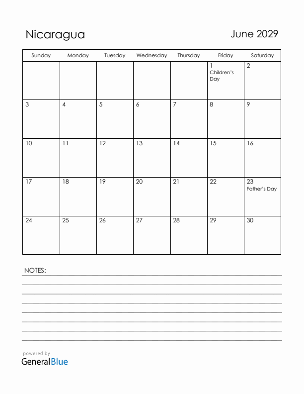 June 2029 Nicaragua Calendar with Holidays (Sunday Start)