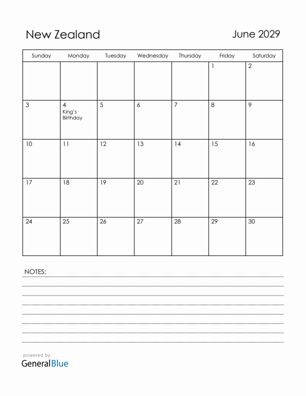 June 2029 New Zealand Calendar with Holidays (Sunday Start)