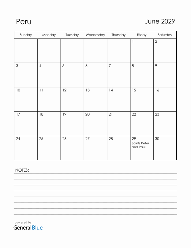 June 2029 Peru Calendar with Holidays (Sunday Start)