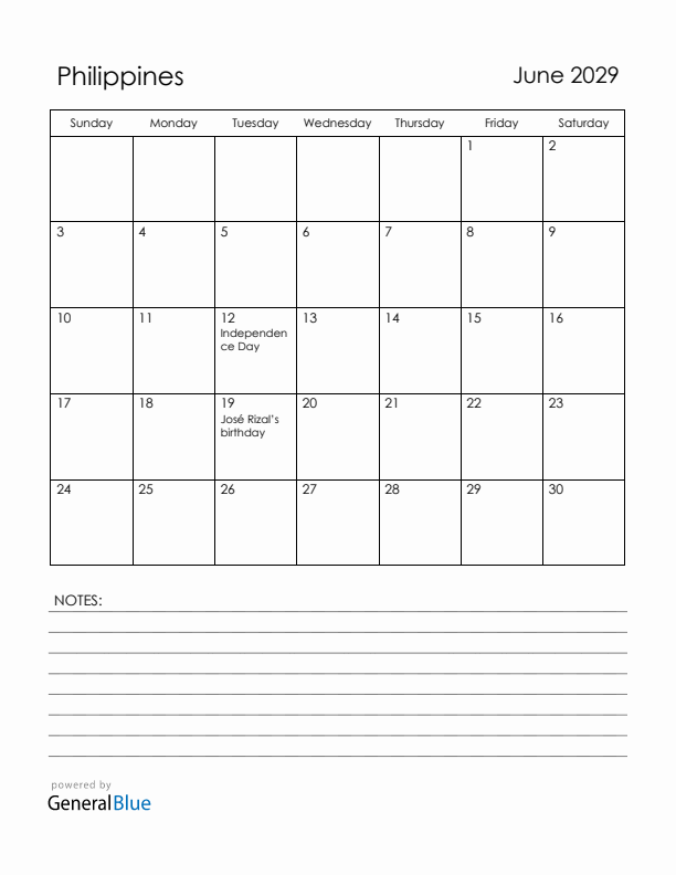 June 2029 Philippines Calendar with Holidays (Sunday Start)
