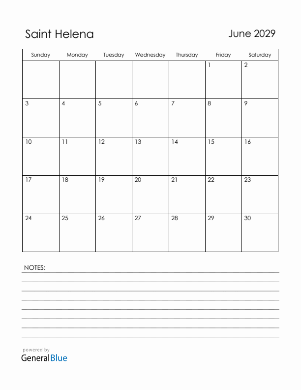 June 2029 Saint Helena Calendar with Holidays (Sunday Start)