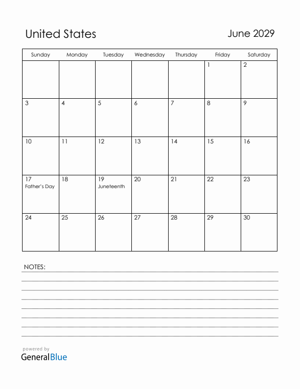 June 2029 United States Calendar with Holidays (Sunday Start)
