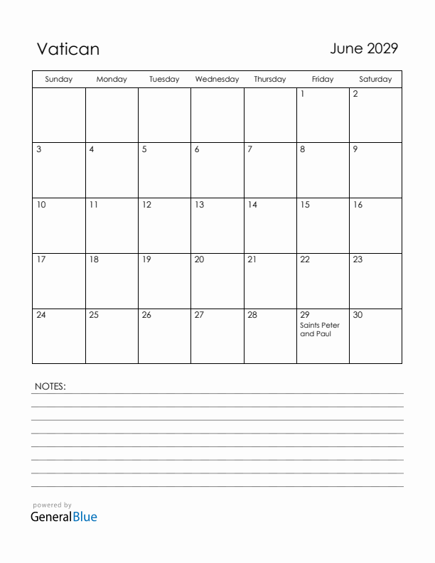 June 2029 Vatican Calendar with Holidays (Sunday Start)