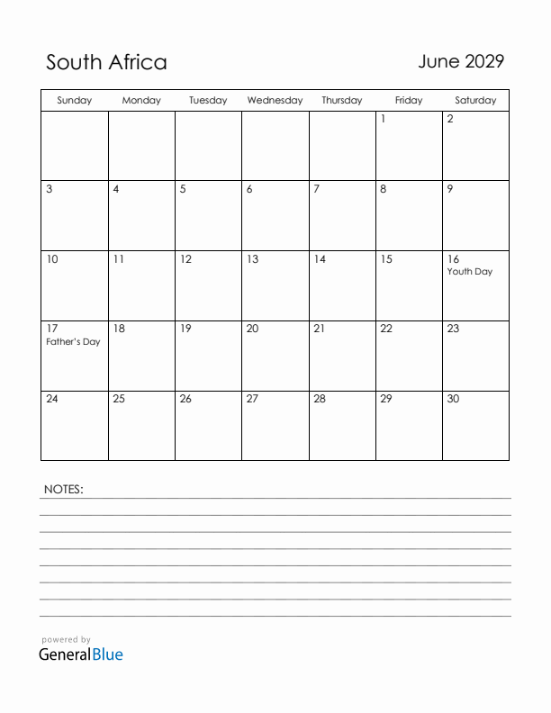 June 2029 South Africa Calendar with Holidays (Sunday Start)