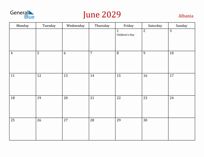 Albania June 2029 Calendar - Monday Start