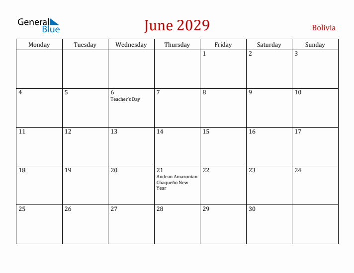 Bolivia June 2029 Calendar - Monday Start
