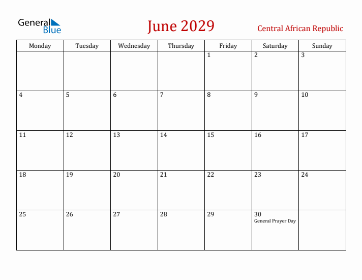 Central African Republic June 2029 Calendar - Monday Start