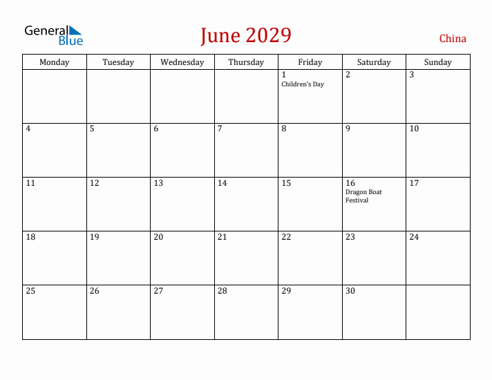 China June 2029 Calendar - Monday Start