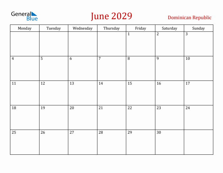 Dominican Republic June 2029 Calendar - Monday Start
