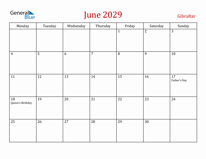 Gibraltar June 2029 Calendar - Monday Start