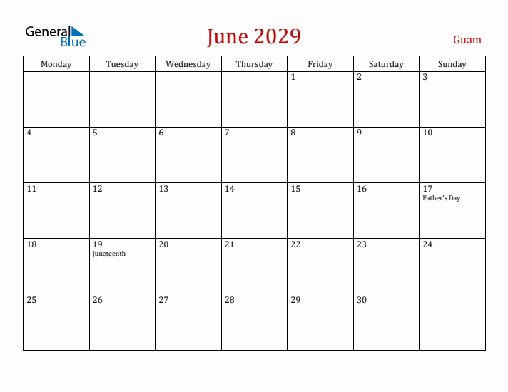 Guam June 2029 Calendar - Monday Start
