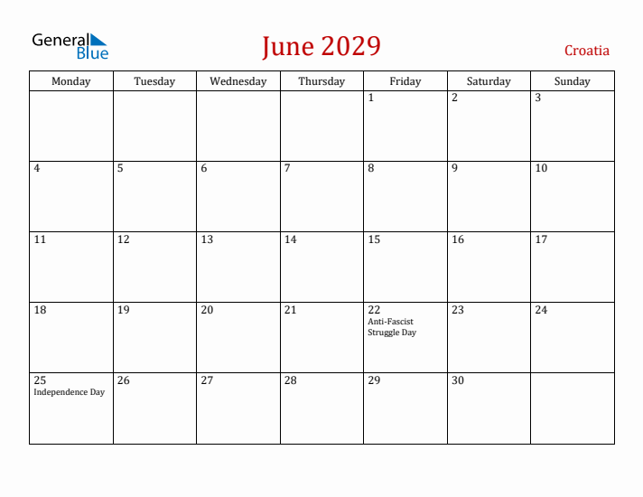 Croatia June 2029 Calendar - Monday Start
