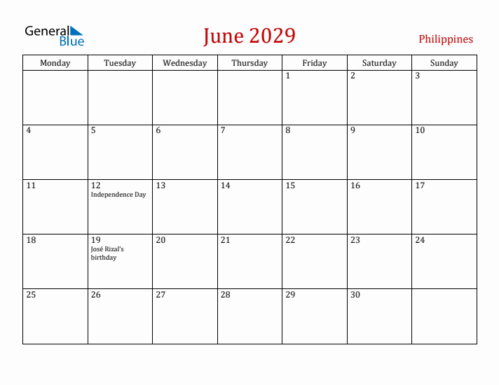Philippines June 2029 Calendar - Monday Start