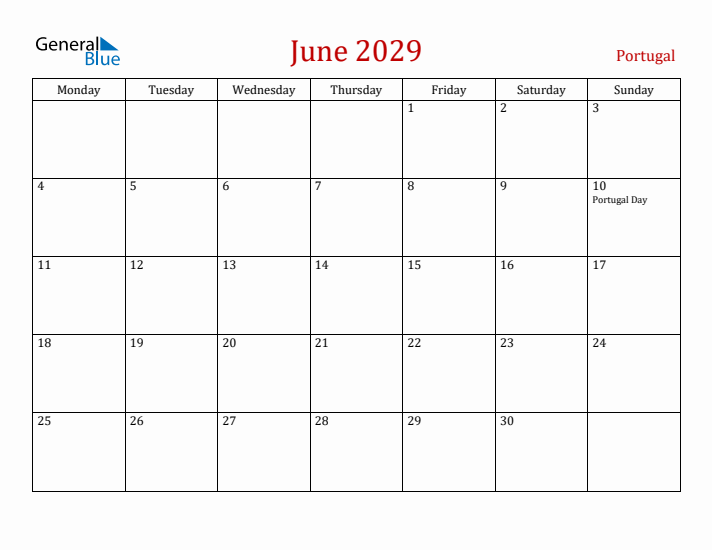 Portugal June 2029 Calendar - Monday Start