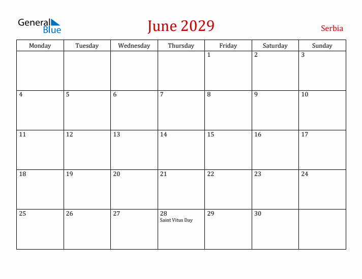 Serbia June 2029 Calendar - Monday Start