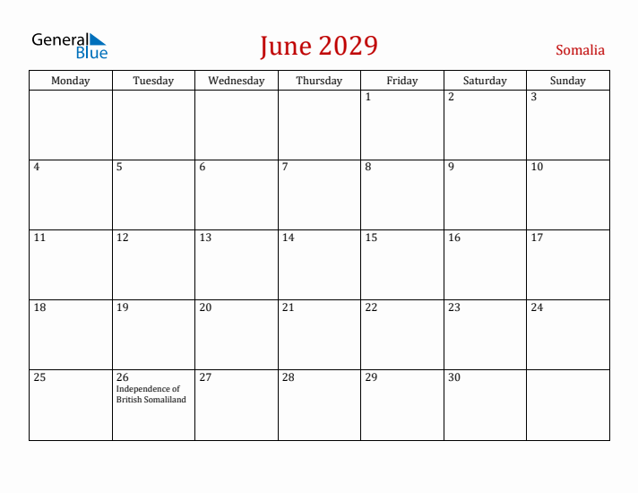 Somalia June 2029 Calendar - Monday Start