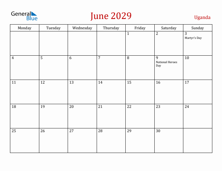 Uganda June 2029 Calendar - Monday Start