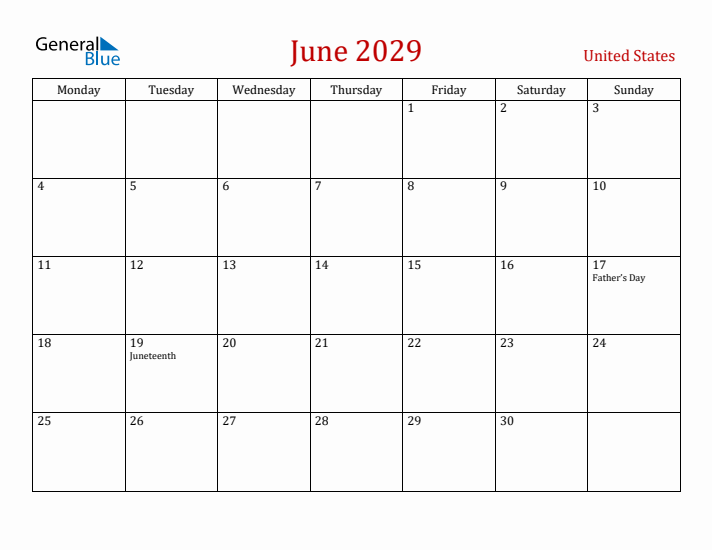 United States June 2029 Calendar - Monday Start