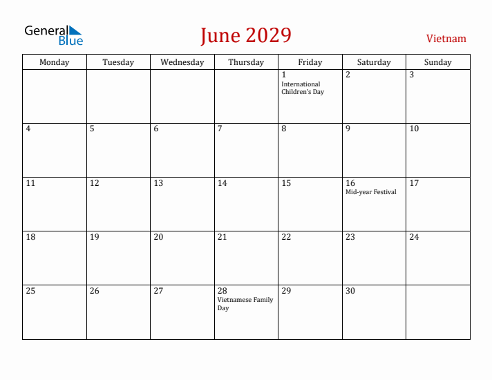 Vietnam June 2029 Calendar - Monday Start