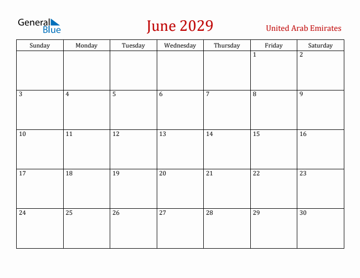 United Arab Emirates June 2029 Calendar - Sunday Start