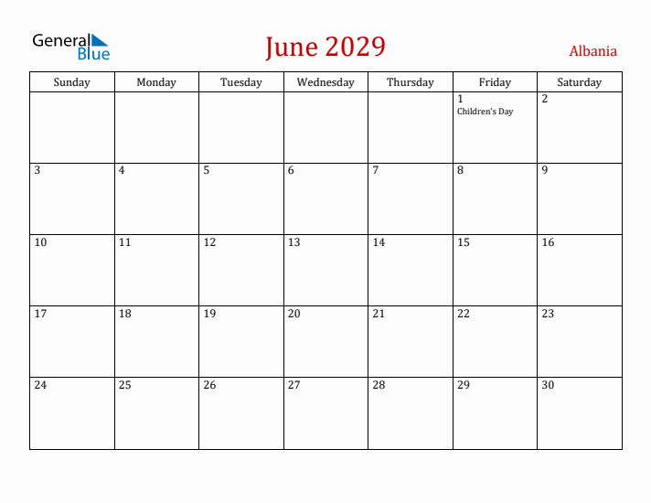 Albania June 2029 Calendar - Sunday Start