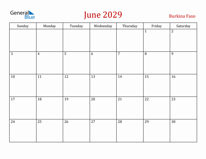 Burkina Faso June 2029 Calendar - Sunday Start