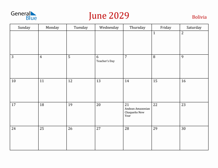 Bolivia June 2029 Calendar - Sunday Start