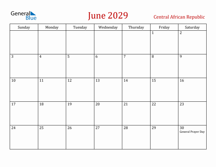 Central African Republic June 2029 Calendar - Sunday Start