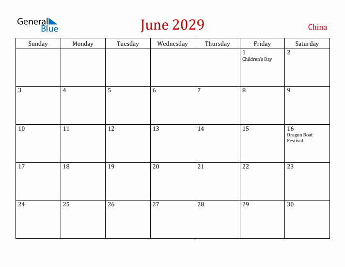 China June 2029 Calendar - Sunday Start