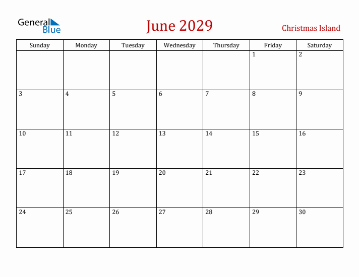 Christmas Island June 2029 Calendar - Sunday Start