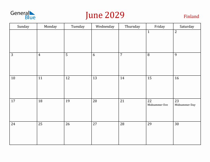 Finland June 2029 Calendar - Sunday Start