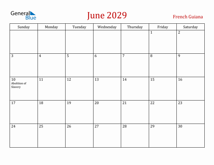 French Guiana June 2029 Calendar - Sunday Start