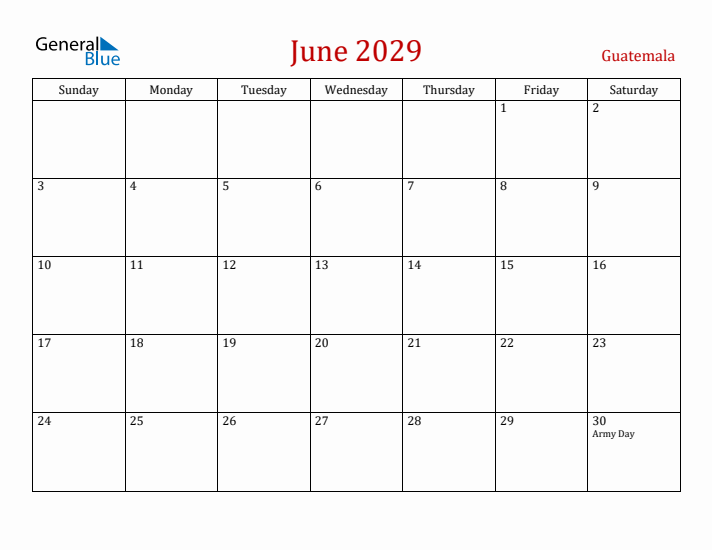 Guatemala June 2029 Calendar - Sunday Start