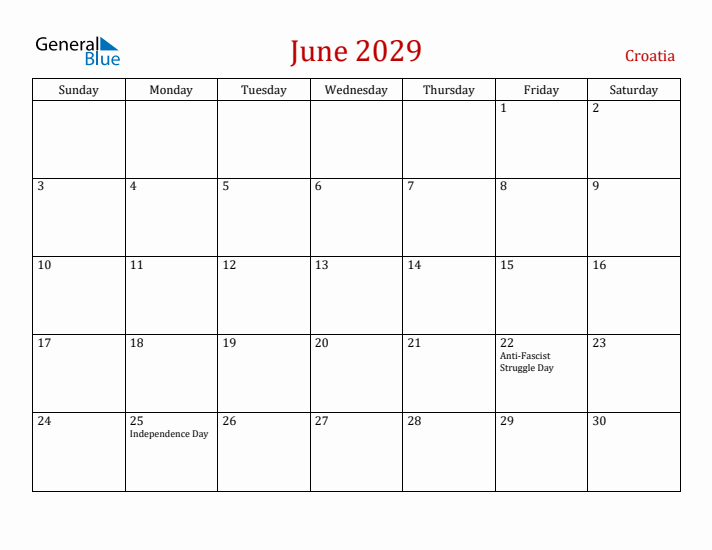 Croatia June 2029 Calendar - Sunday Start