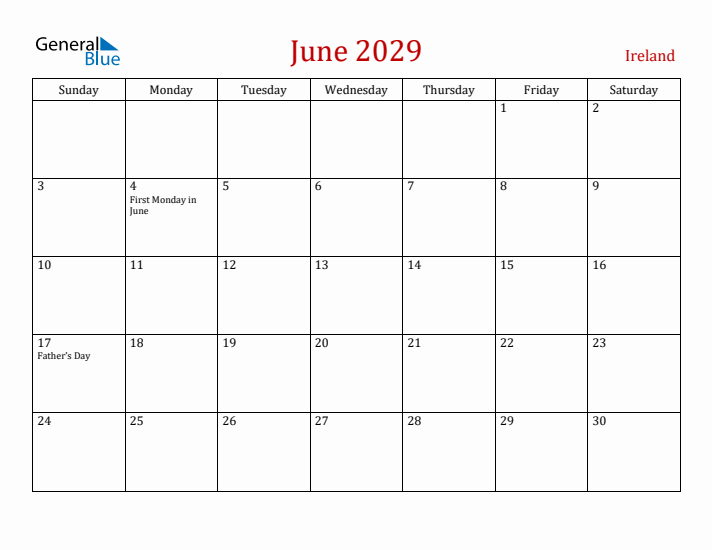 Ireland June 2029 Calendar - Sunday Start