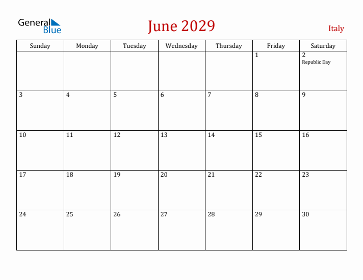 Italy June 2029 Calendar - Sunday Start