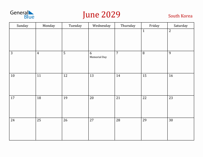 South Korea June 2029 Calendar - Sunday Start