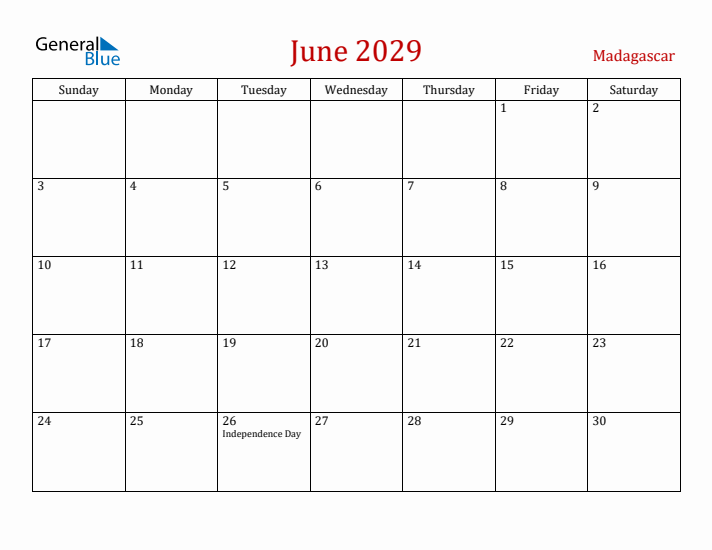 Madagascar June 2029 Calendar - Sunday Start