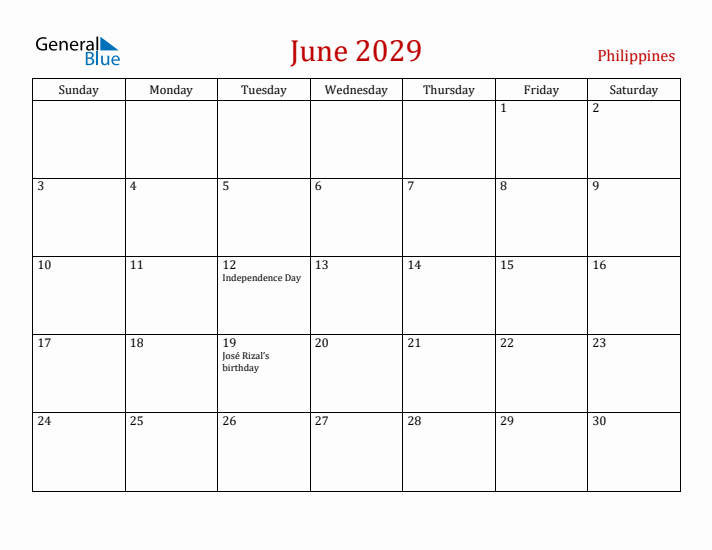 Philippines June 2029 Calendar - Sunday Start