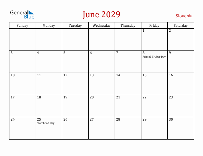 Slovenia June 2029 Calendar - Sunday Start
