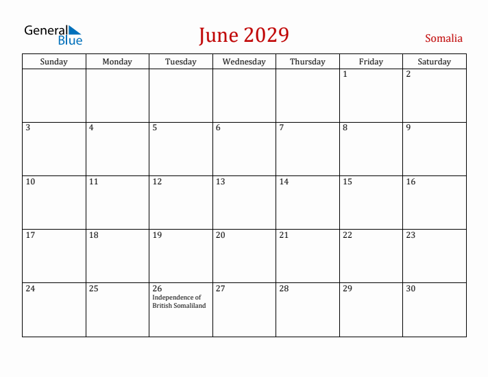 Somalia June 2029 Calendar - Sunday Start