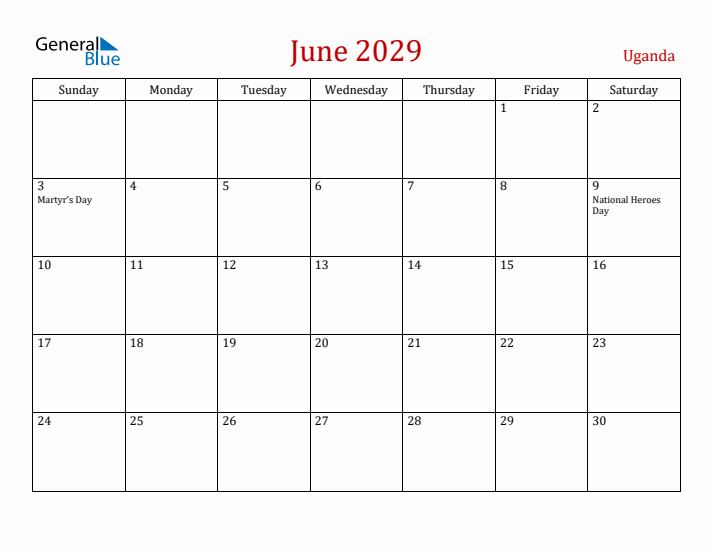 Uganda June 2029 Calendar - Sunday Start