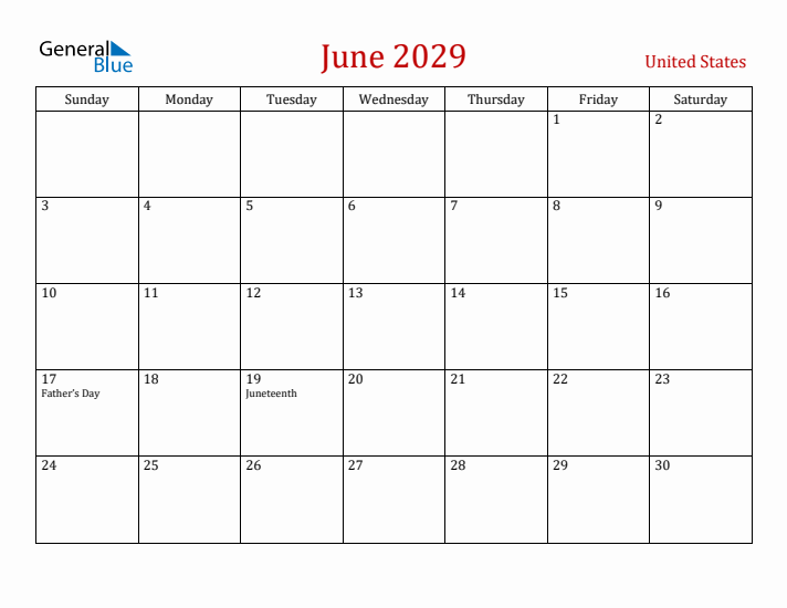 United States June 2029 Calendar - Sunday Start