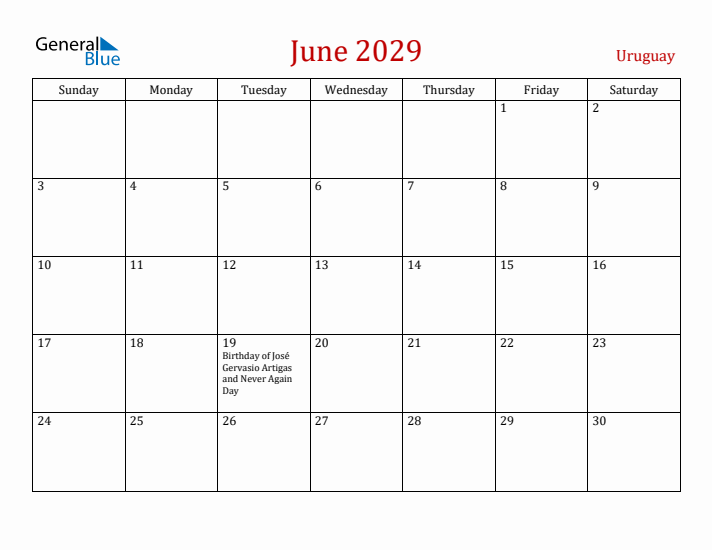 Uruguay June 2029 Calendar - Sunday Start